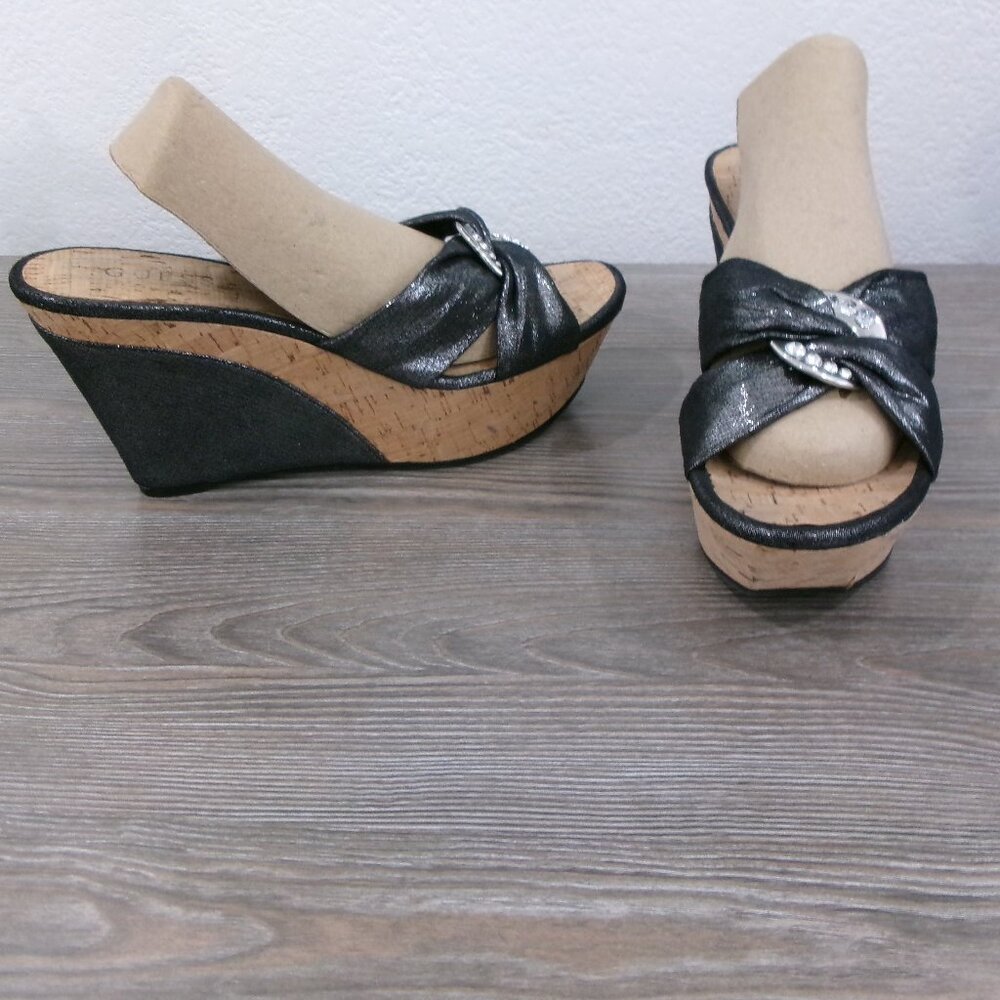 Near New GUESS Balasi Shimmery Black Silver Rhinestone Wedge Platform Shoes 9.5 - Picture 3 of 16